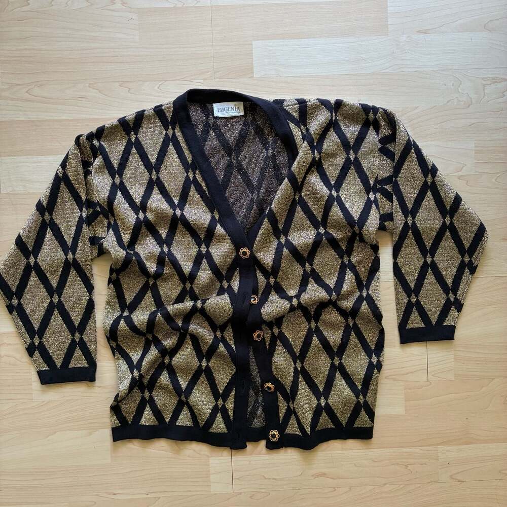 Vintage 80s Eugenia Los Angeles Metallic Gold and Black Diamond Pattern Cardigan